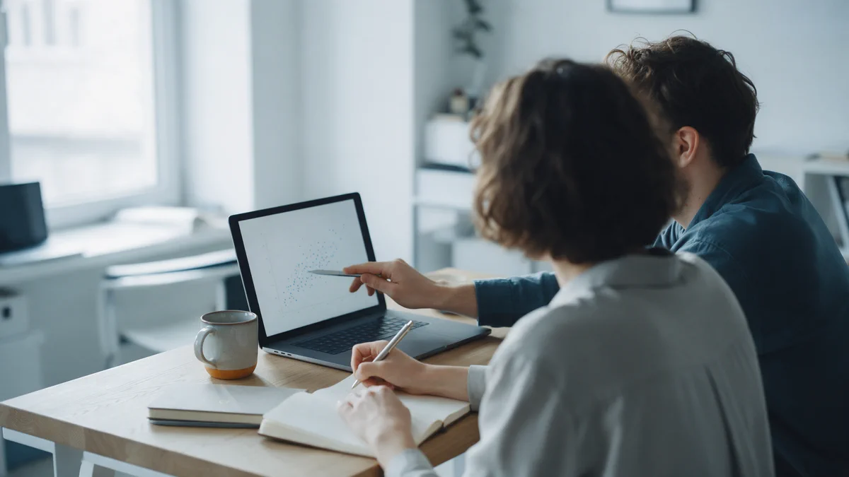 Two people at one desk, seen from behind: one points a pen at a chart on a laptop, the other takes notes.