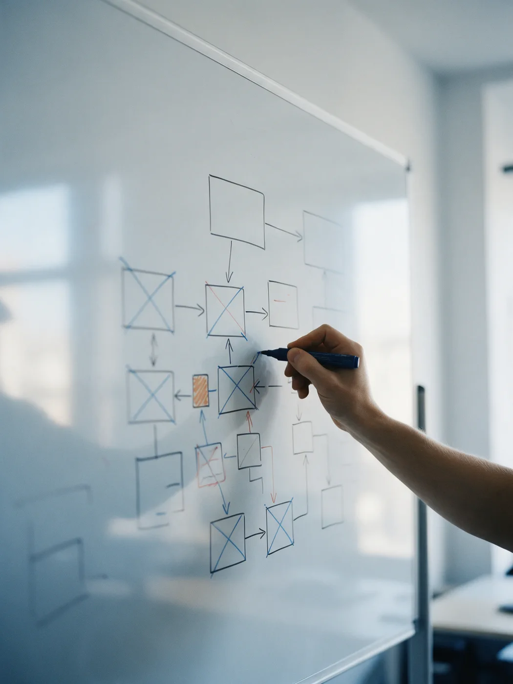 A hand with a marker sketches a data architecture on a whiteboard: boxes joined by arrows, several crossed out.